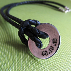 Personalized Mens Leather and Washer Necklace -- Name Initials Date