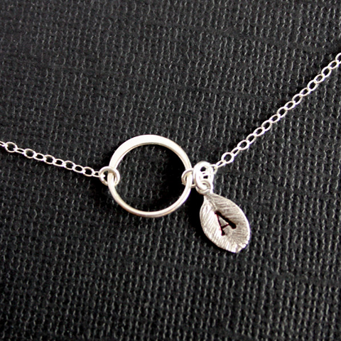Karma necklace with initial leaf, circle necklace, STERLING SILVER